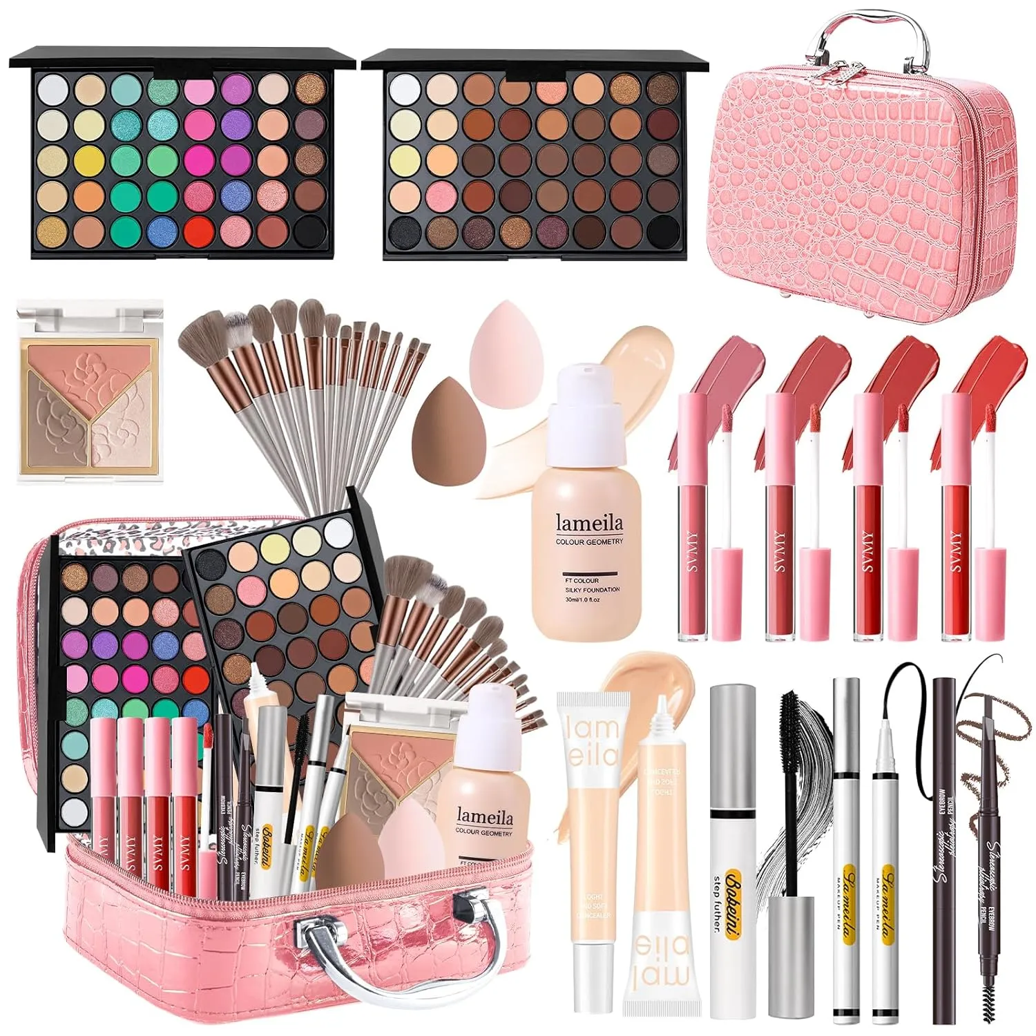 Makeup Kit for Women, Make up Full Kit for Beginners Teens Girls, Makeup Bundle Include 2 Matte & Shimmer Eyeshadow Palettes, Blush Contour Highlighter Palette, Lip Gloss Set, Concealer - Pink Case