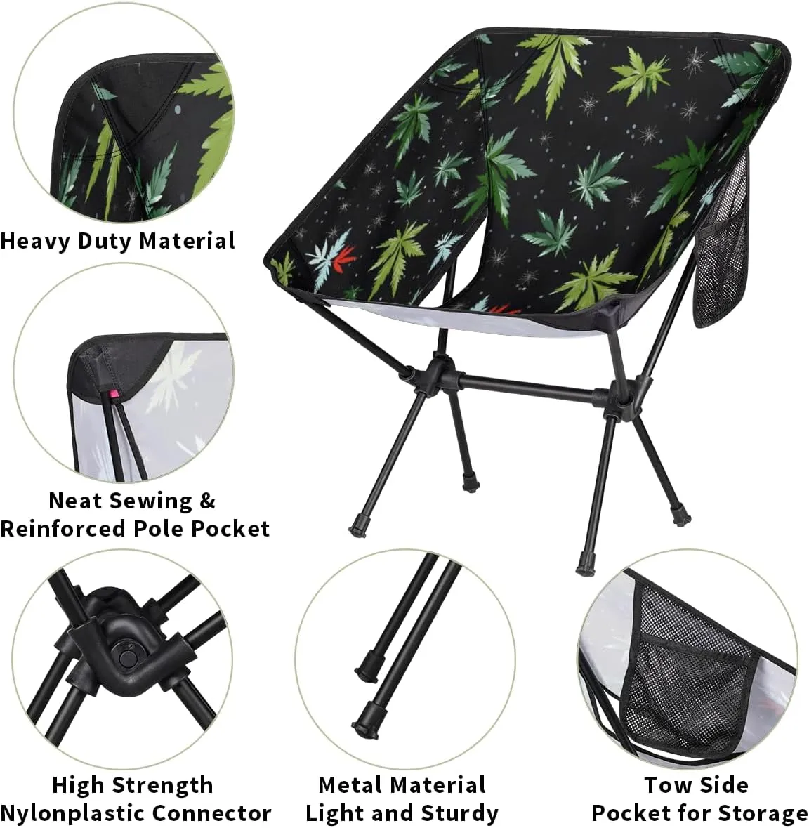 Marijuana Green Leaves Portable Camping Chair Lightweight Folding Backpacking Chair, Compact Foldable Beach Seat with Carry Bag for Outdoor Hiking Fishing Travel