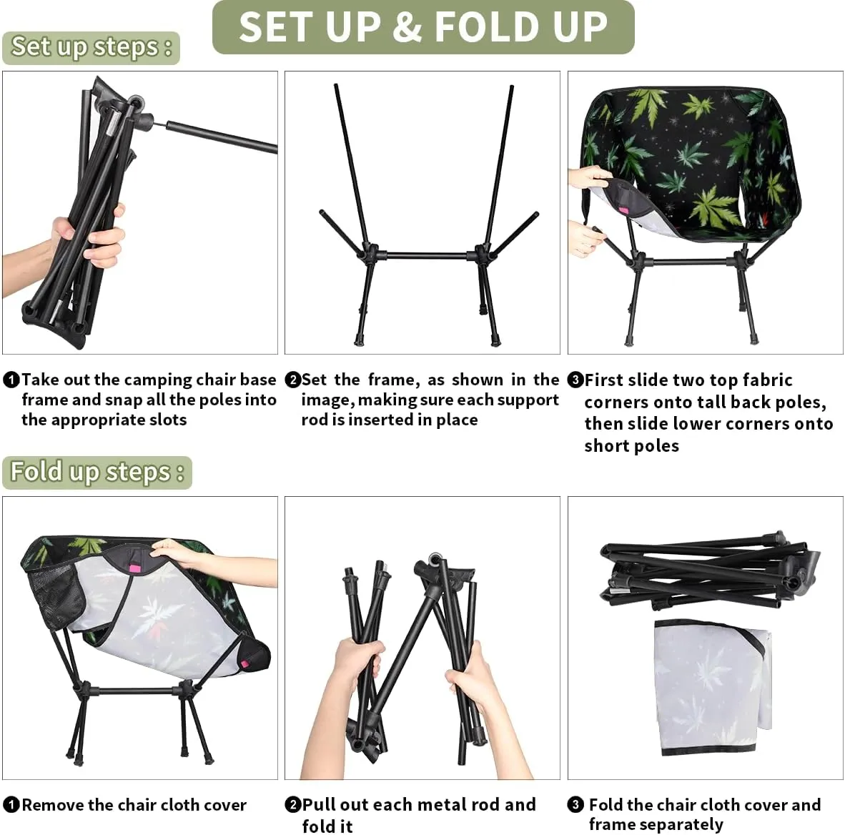 Marijuana Green Leaves Portable Camping Chair Lightweight Folding Backpacking Chair, Compact Foldable Beach Seat with Carry Bag for Outdoor Hiking Fishing Travel