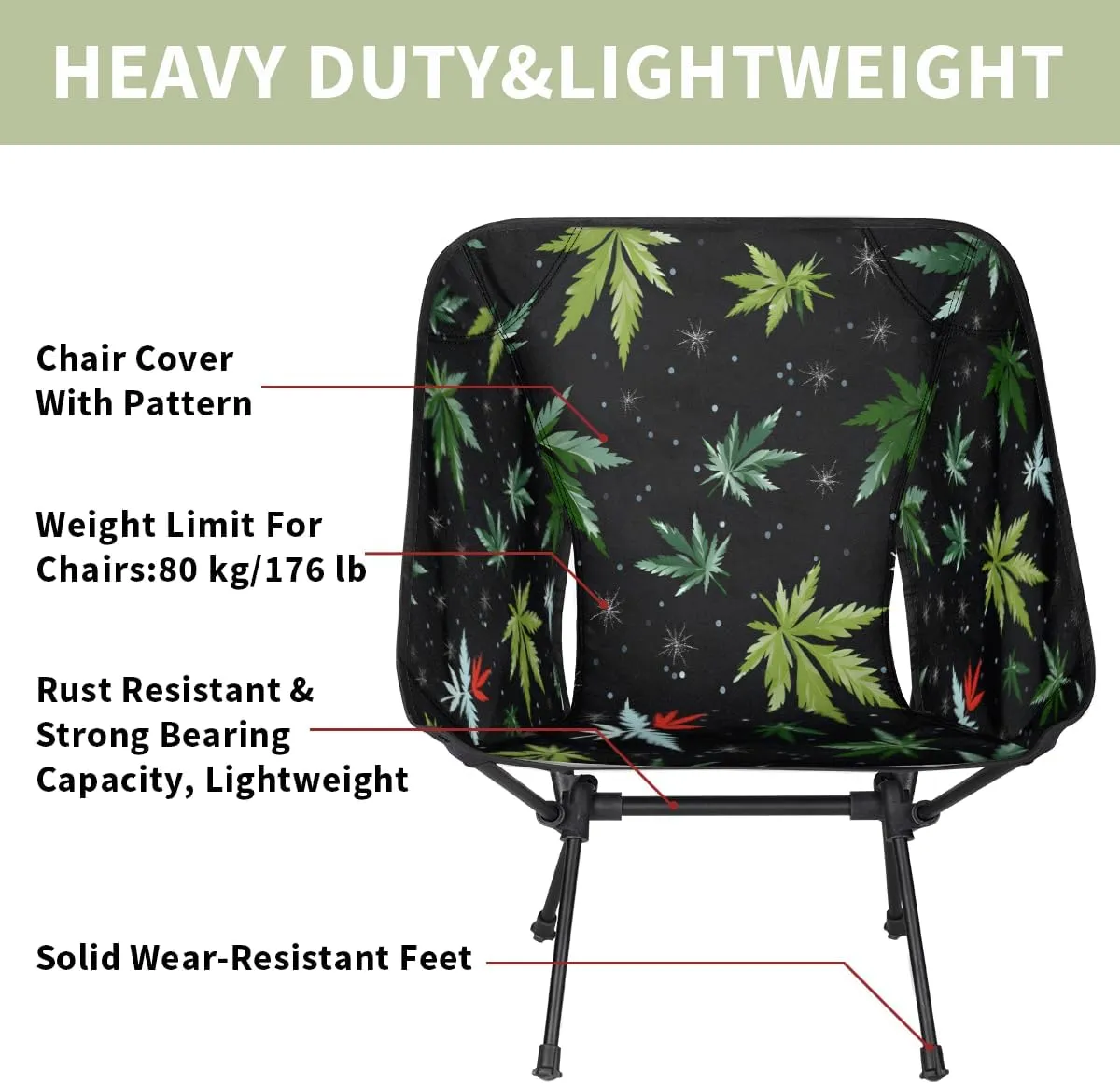 Marijuana Green Leaves Portable Camping Chair Lightweight Folding Backpacking Chair, Compact Foldable Beach Seat with Carry Bag for Outdoor Hiking Fishing Travel