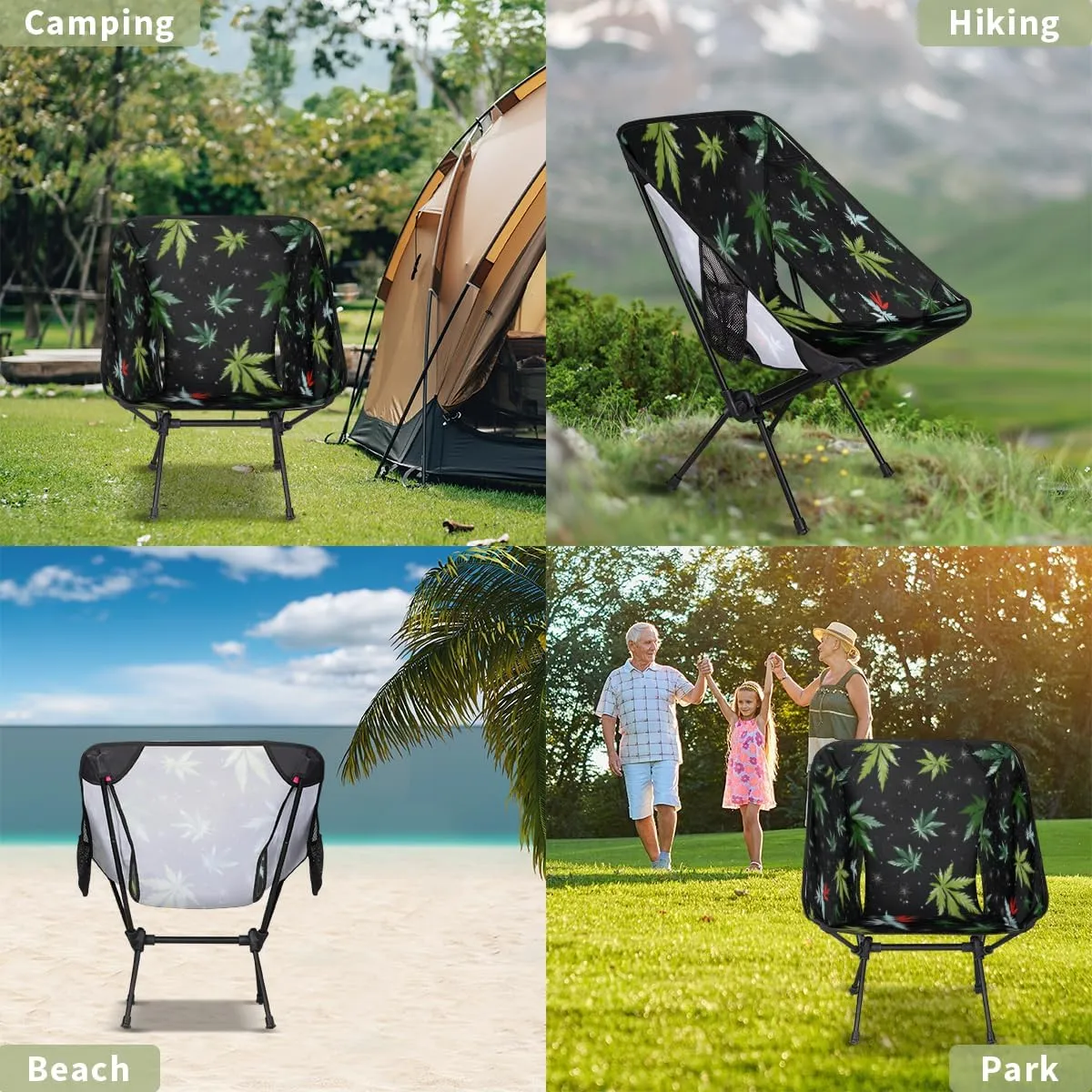 Marijuana Green Leaves Portable Camping Chair Lightweight Folding Backpacking Chair, Compact Foldable Beach Seat with Carry Bag for Outdoor Hiking Fishing Travel