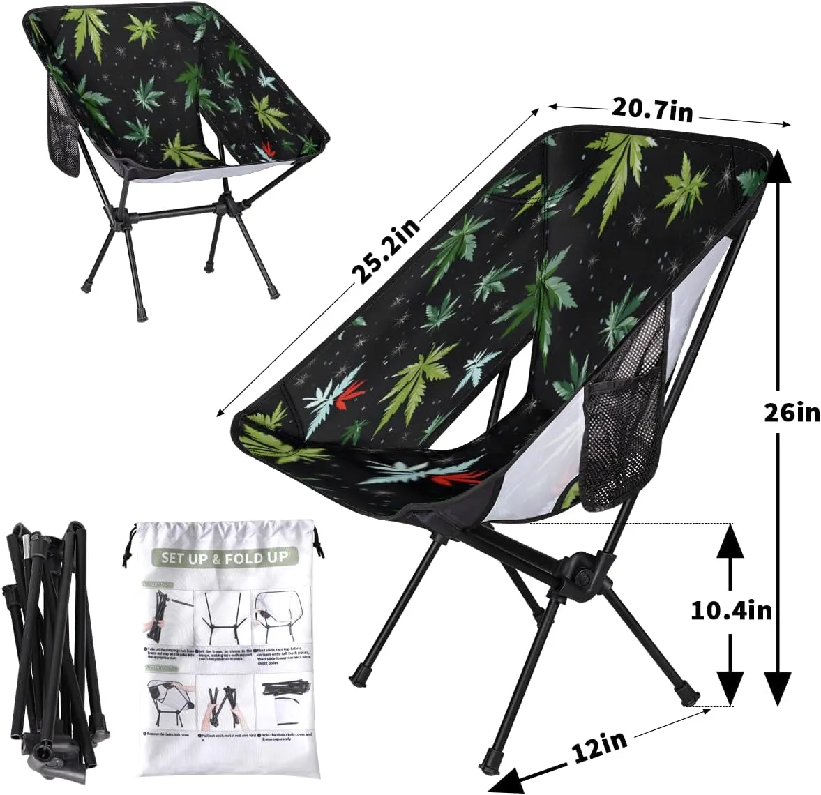 Marijuana Green Leaves Portable Camping Chair Lightweight Folding Backpacking Chair, Compact Foldable Beach Seat with Carry Bag for Outdoor Hiking Fishing Travel