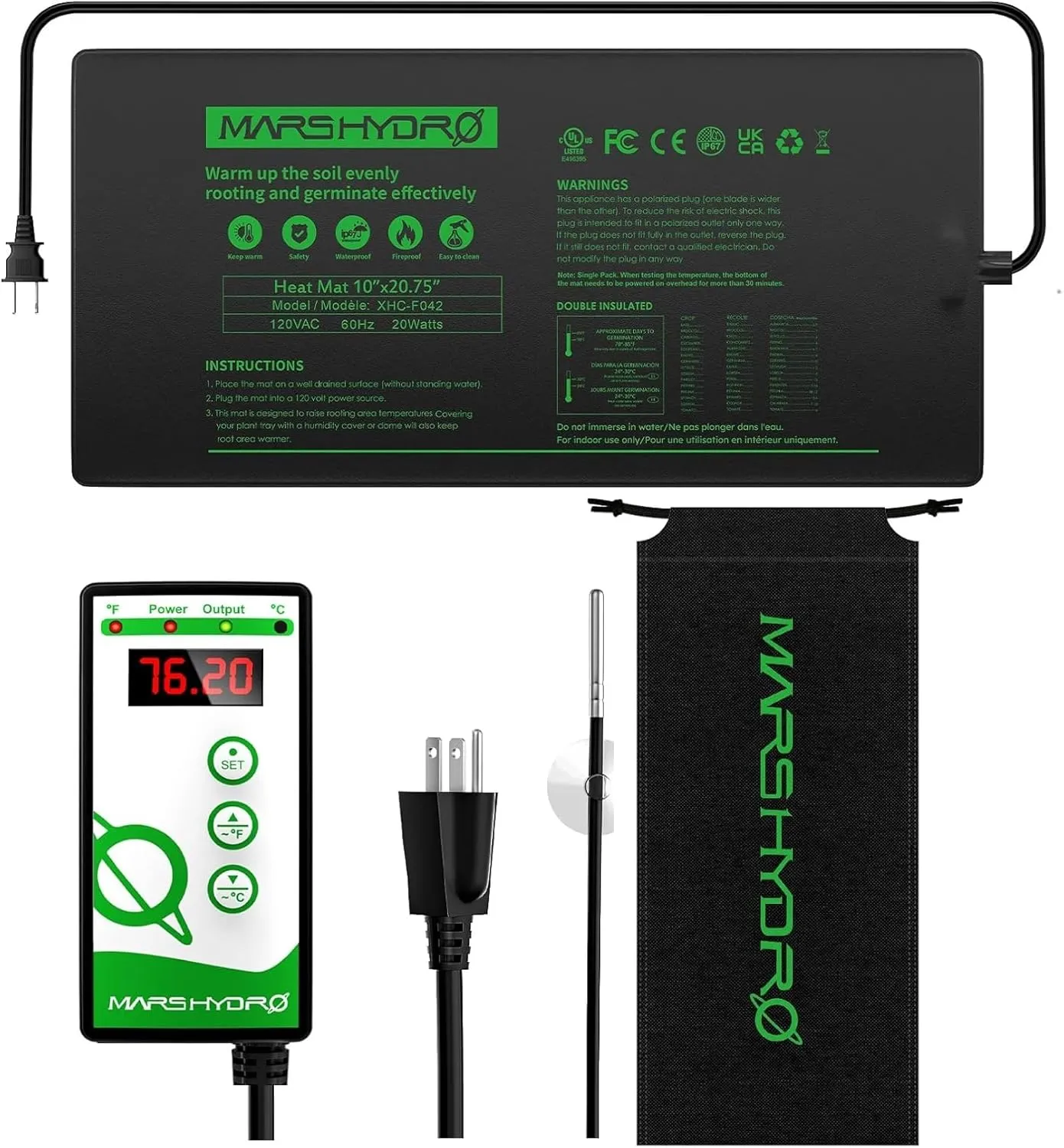 MARS HYDRO 10''x 20.75'' Seedling Heat Mat with Thermostat Combo Set，Heating Pad for for Germination, Indoor Gardening, Greenhouse