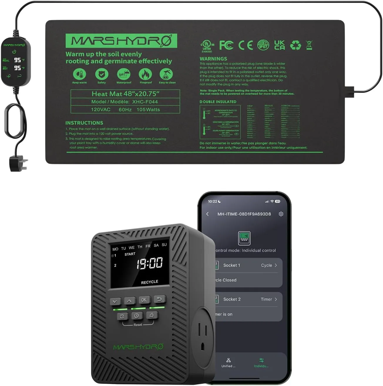 MARS HYDRO 48''x 20.75'' Seedling Heat Mat with Thermostat Heating Pad IP67 Waterproof and ITime 2-in-1 Smart Timer Outlet Dual Outlet App Control