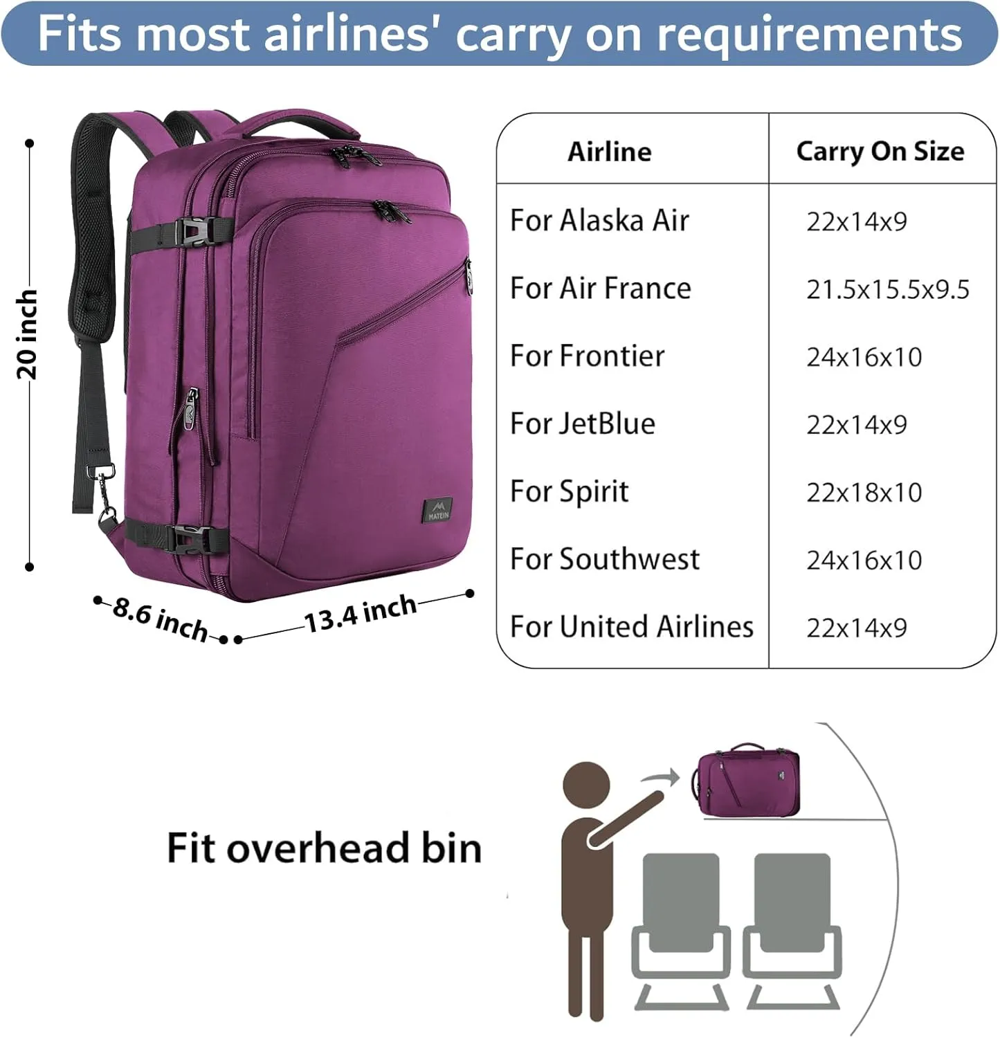 MATEIN Large Purple Travel Backpack, Water Resistant Airplane Backpack for Women, Expandable Casual Daypack for Work, International Trip, Womens Travelling Gifts, 50L