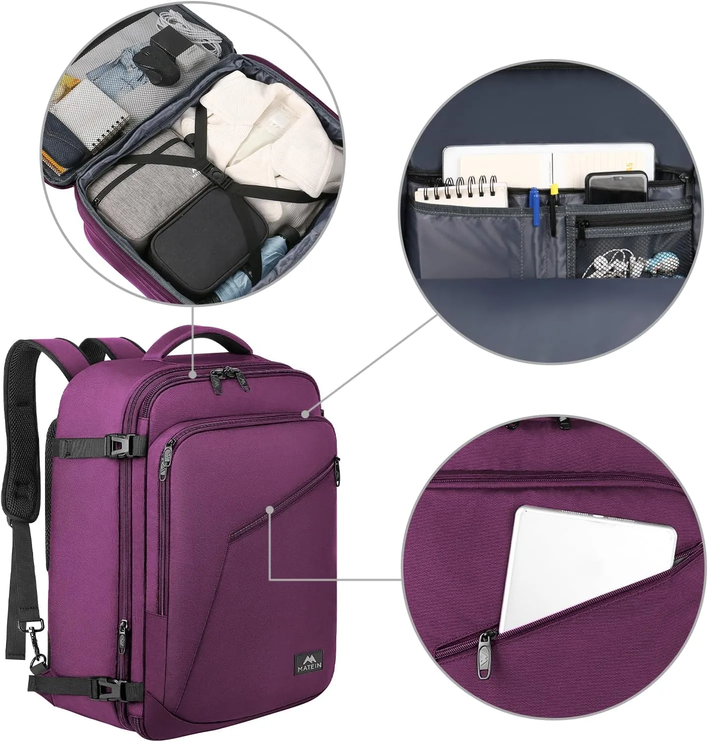 MATEIN Large Purple Travel Backpack, Water Resistant Airplane Backpack for Women, Expandable Casual Daypack for Work, International Trip, Womens Travelling Gifts, 50L