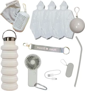 Maxie & Nova 9 Piece Theme Park Essentials & Cruise Ship Essentials Accessory Kit - USB Fan, Cooling Towel, Waterproof Phone Pouch, Collapsible Water Bottle, Reusable Straw, & 3 Emergency Ponchos