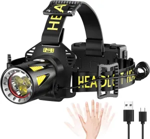 MAXME100® Triple-Beam High-Power Rechargeable Headlamp with Motion Sensor, Rechargeable LED Head Light, Waterproof Headlamp for Camping, Hiking, Hunting (Cool White 5600K~7000K)
