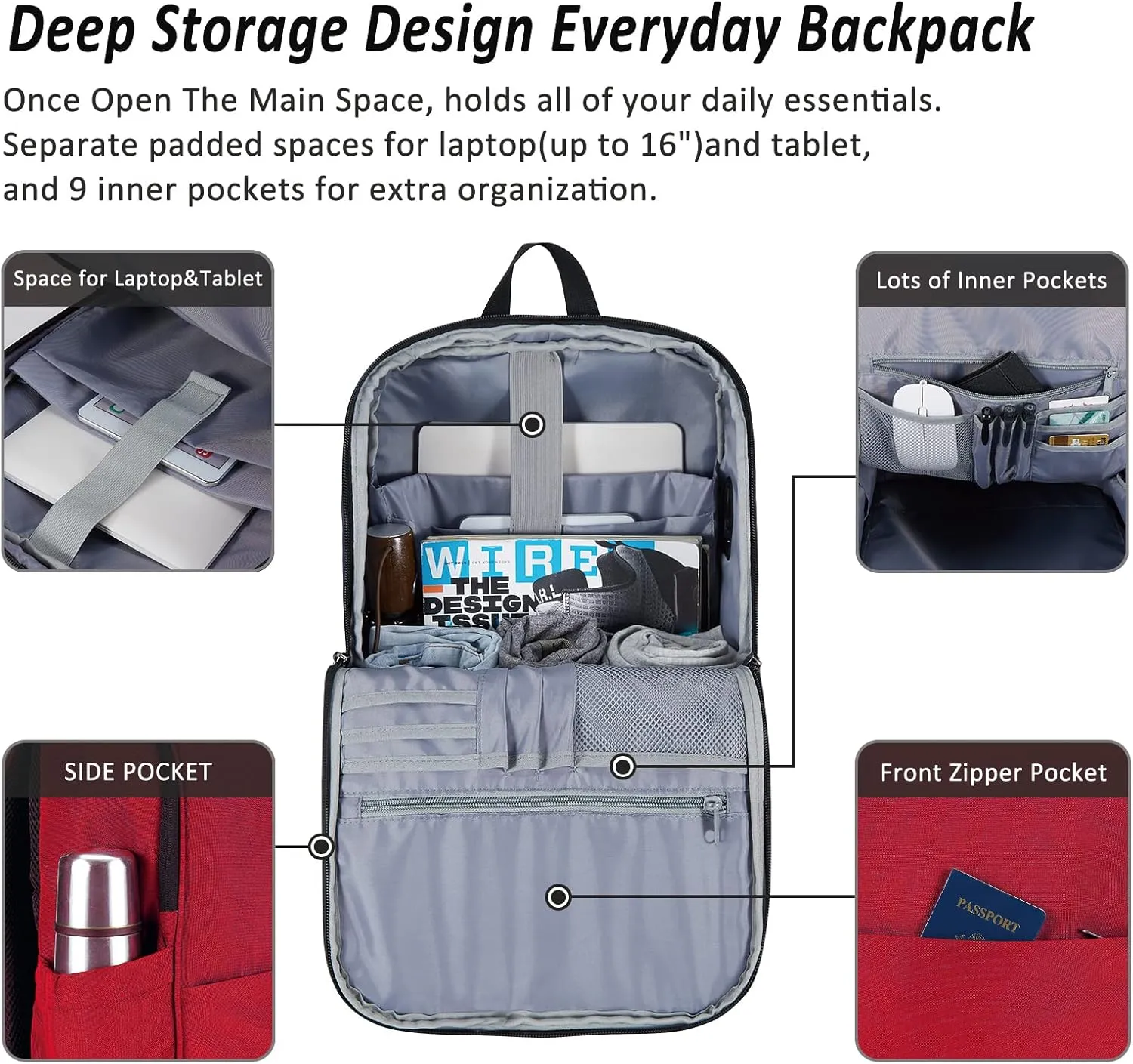 MAXTOP Deep Storage Laptop Backpack with USB Charging Port[Water Resistant] College Computer Bookbag Fits 16 Inch Laptop