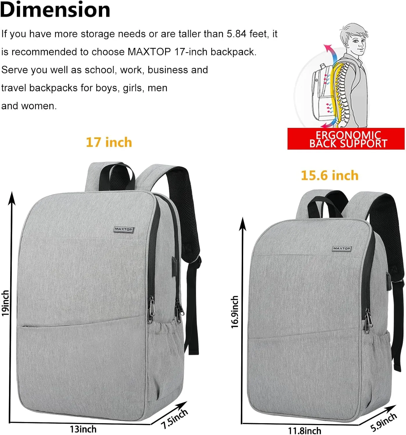 MAXTOP Deep Storage Laptop Backpack with USB Charging Port[Water Resistant] College School Computer Bookbag Fits 17 Inch Laptop