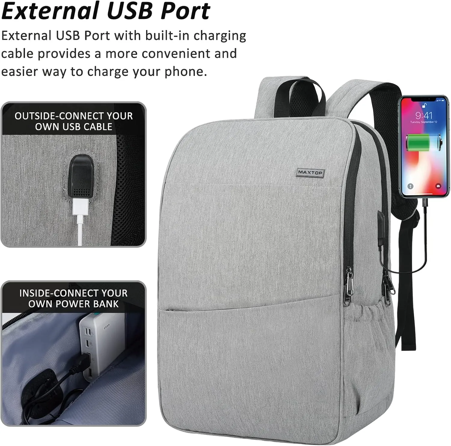 MAXTOP Deep Storage Laptop Backpack with USB Charging Port[Water Resistant] College School Computer Bookbag Fits 17 Inch Laptop