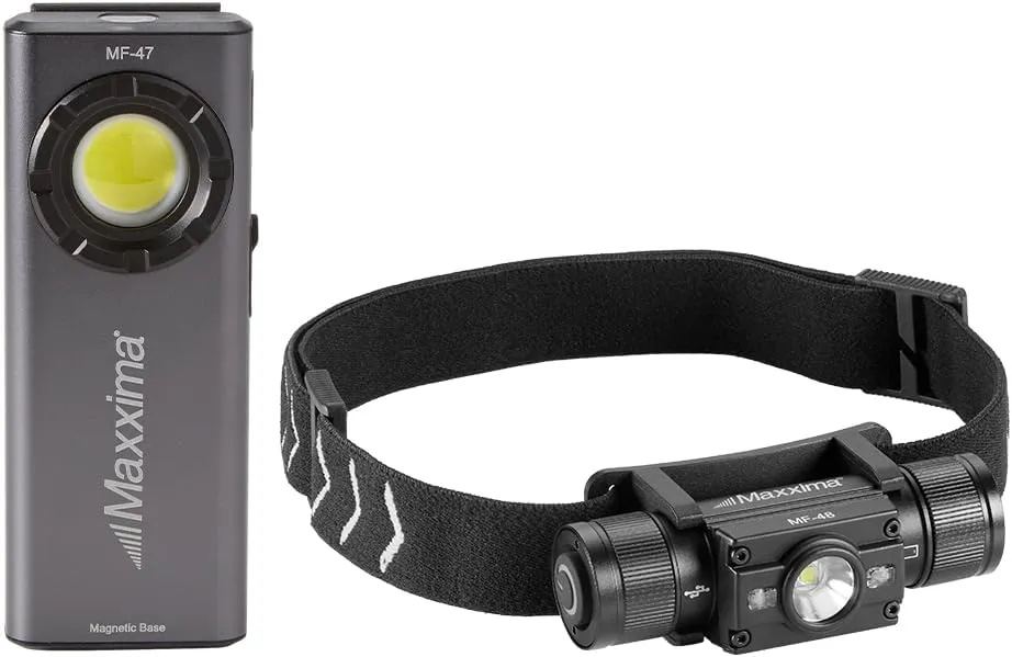 Maxxima LED Flashlight & Adjustable Headlamp Kit, 4 Mode Flashlight (1,350 Lumens - 6000K) and 5 Mode Headband Headlight (450 Lumens - 7500K), Rechargeable Personal Safety Light Kit Combo