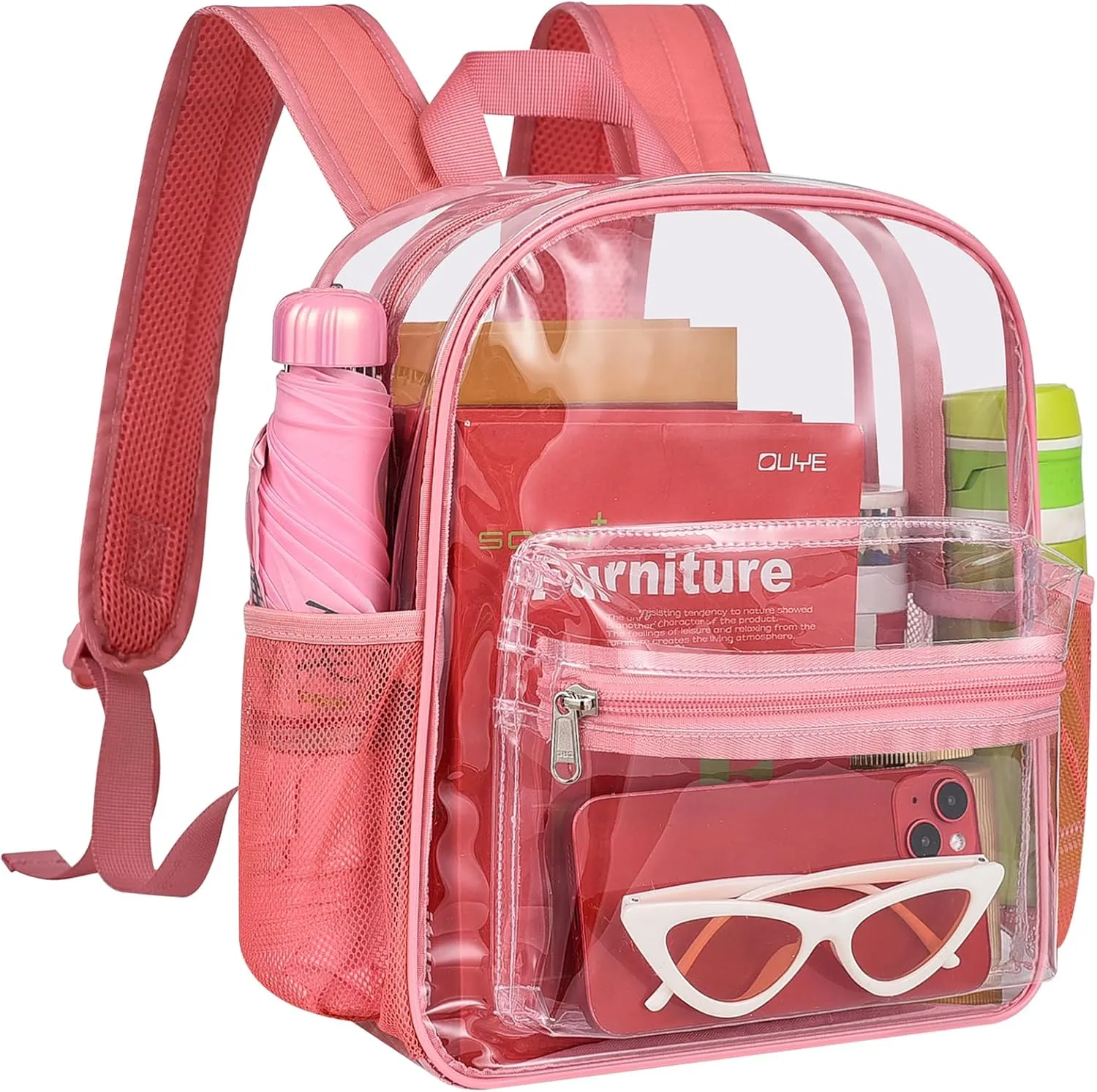 MAY TREE Clear Backpack for Stadium Events, 12x11x5 Inches Small Clear Backpack for Concert Festival Sports Outdoor - Pink