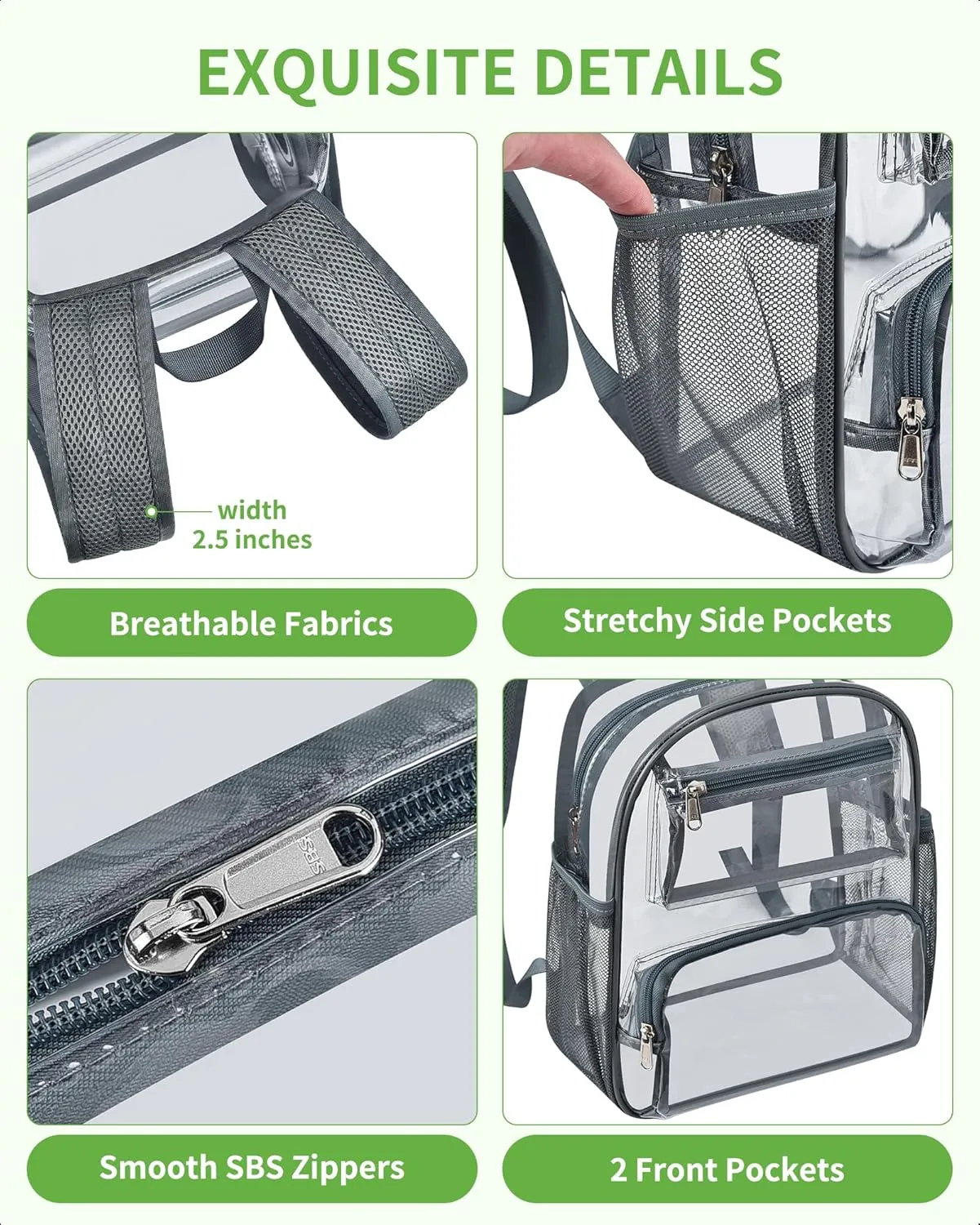 MAY TREE Clear Backpack Stadium Approved for Women and Men, Clear Bag for Stadium Events Concert Sporting Festival, Grey