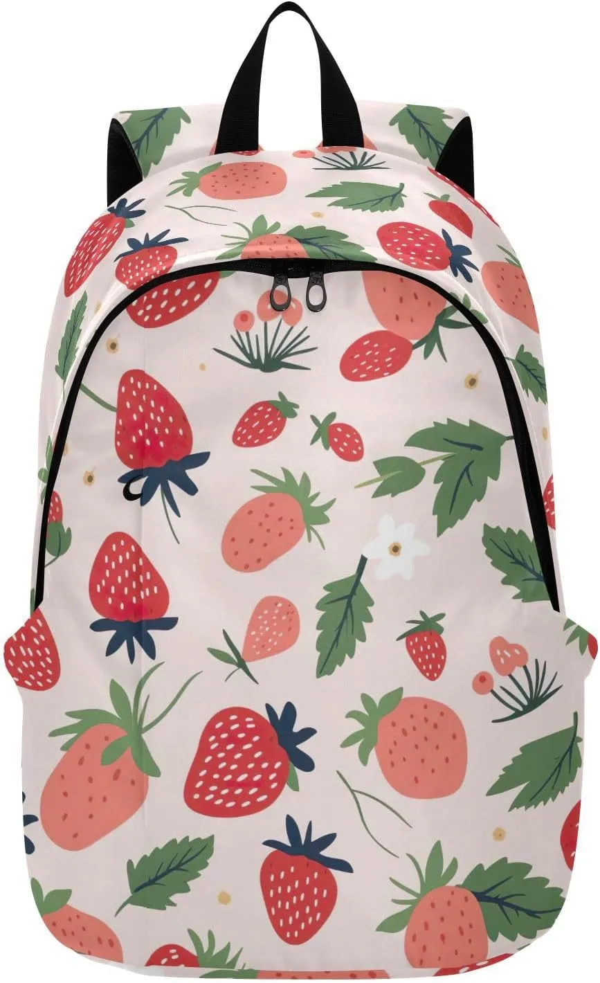 MCHIVER Travel Backpack Strawberry Leave Fruit Casual Daypack Backpacks Lightweight Carry on Bag Water Resistant Hiking Backpack for Men Women