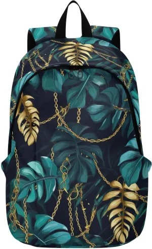 MCHIVER Travel Backpack Watercolor Gold Chain Leaves Casual Daypack Backpacks Lightweight Carry on Bag Water Resistant Hiking Backpack for Men and Women