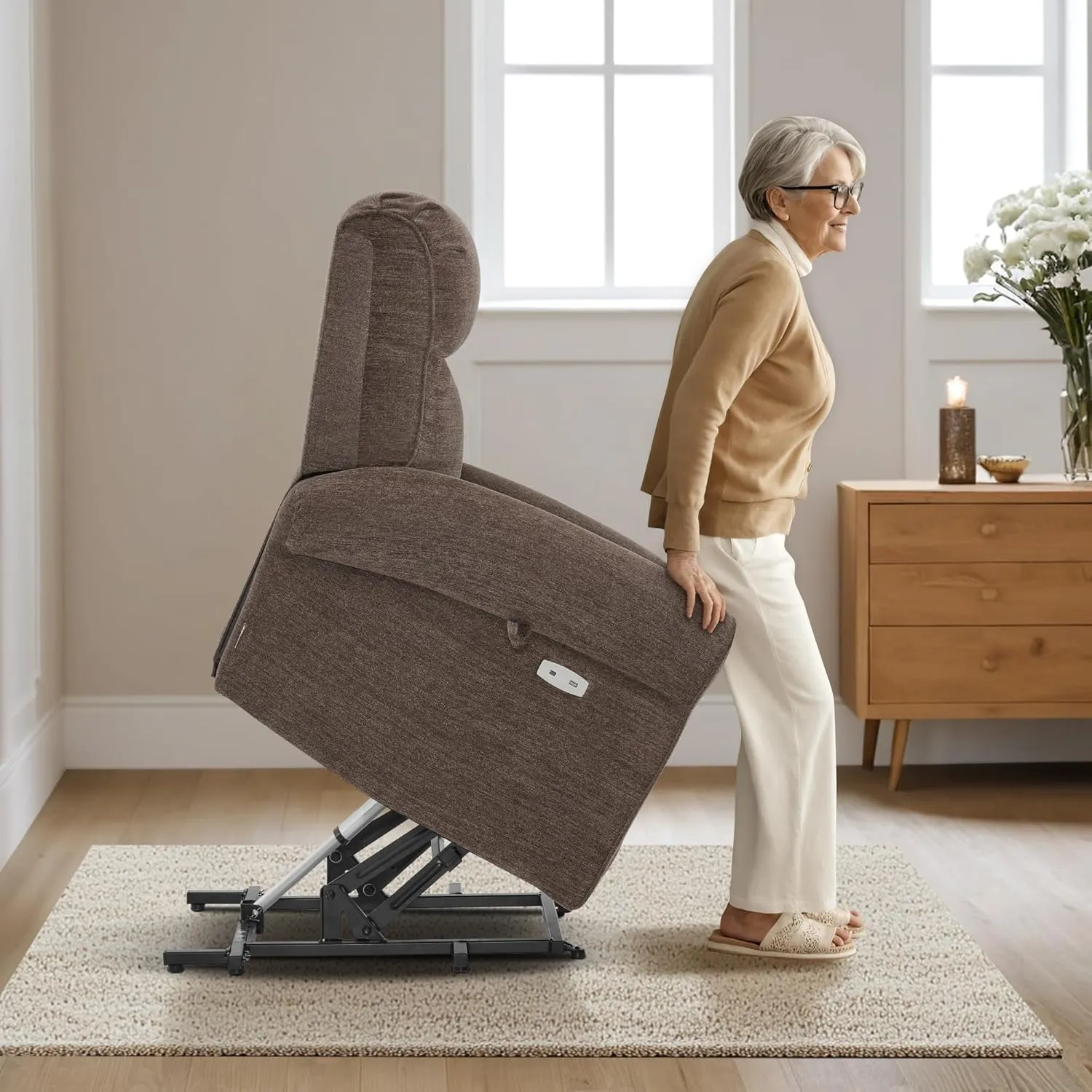 MCombo Dual Motor Power Lift Recliner Chair with Massage and Heat for Elderly, USB Ports, Lay Flat, Fabric 7666 (Dark Brown)