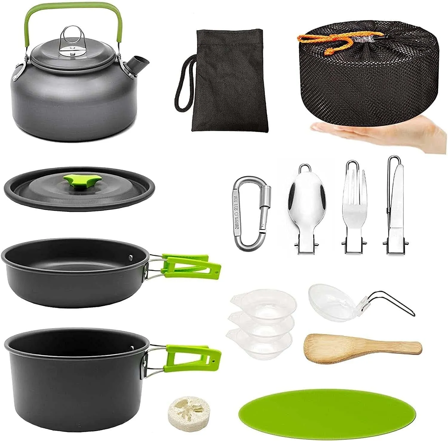 MDybf Camping Pans and Pots Kit, Portable Outdoor Cookware, Tea Kettle Bowl Tableware Set with Mesh for Trekking, Hiking, Backpacking, Picnic, for 2-3 Person (Cookware Set)