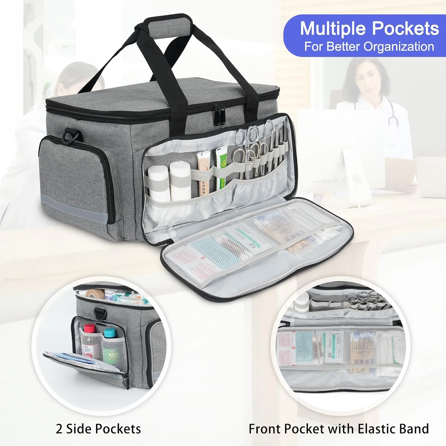 Medical Bag Home Health Nurse Bag Empty First Aid Storage Bag with Detachable Divider Medical Supplies Bag for Nursing Student,Therapist,Doctors(Grey)