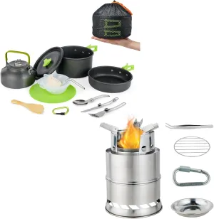 MEETSUN Camping Cooking Set with 1.5L Pot, Camping Cookware Set for 2-3 Person,Camping Mess Kit with Kettle and Portable Mini Wood Buring Stove for Camping Hiking Backpacking