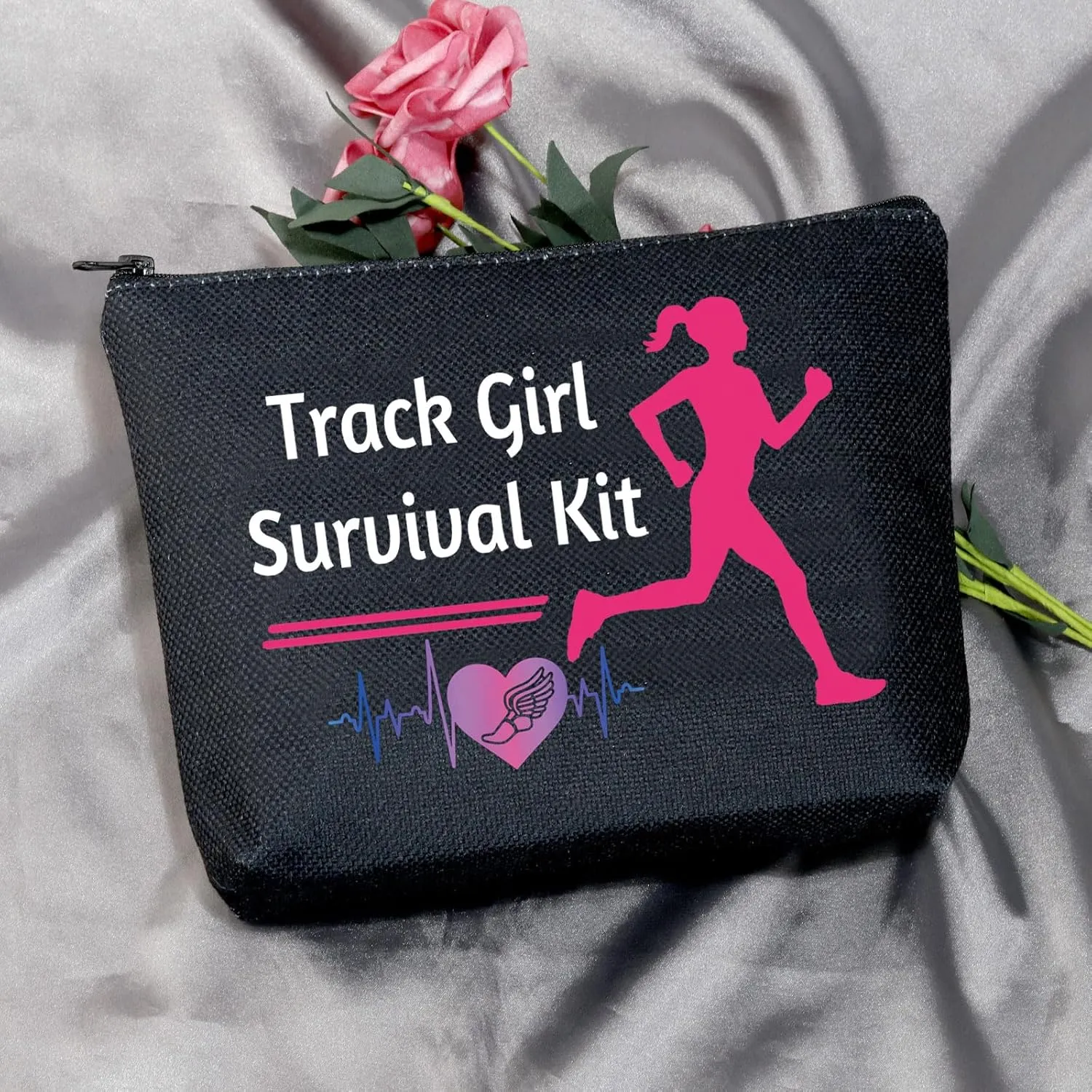 MEIKIUP Track and Field Lover Gift Track Survival Kit Athlete Cosmetic Bag Track and Field Runners First Aid Kit Track and Field Coach Travel Storage Bag (Track Girl Black bag)