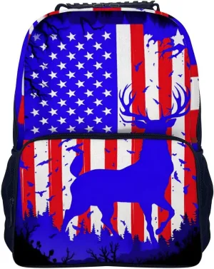 Men & Women Lightweight American Flag Deer Art Casual Daypack Large Capacity Bookbag With Adjustable Shoulder Straps for Gym Business Bicycle