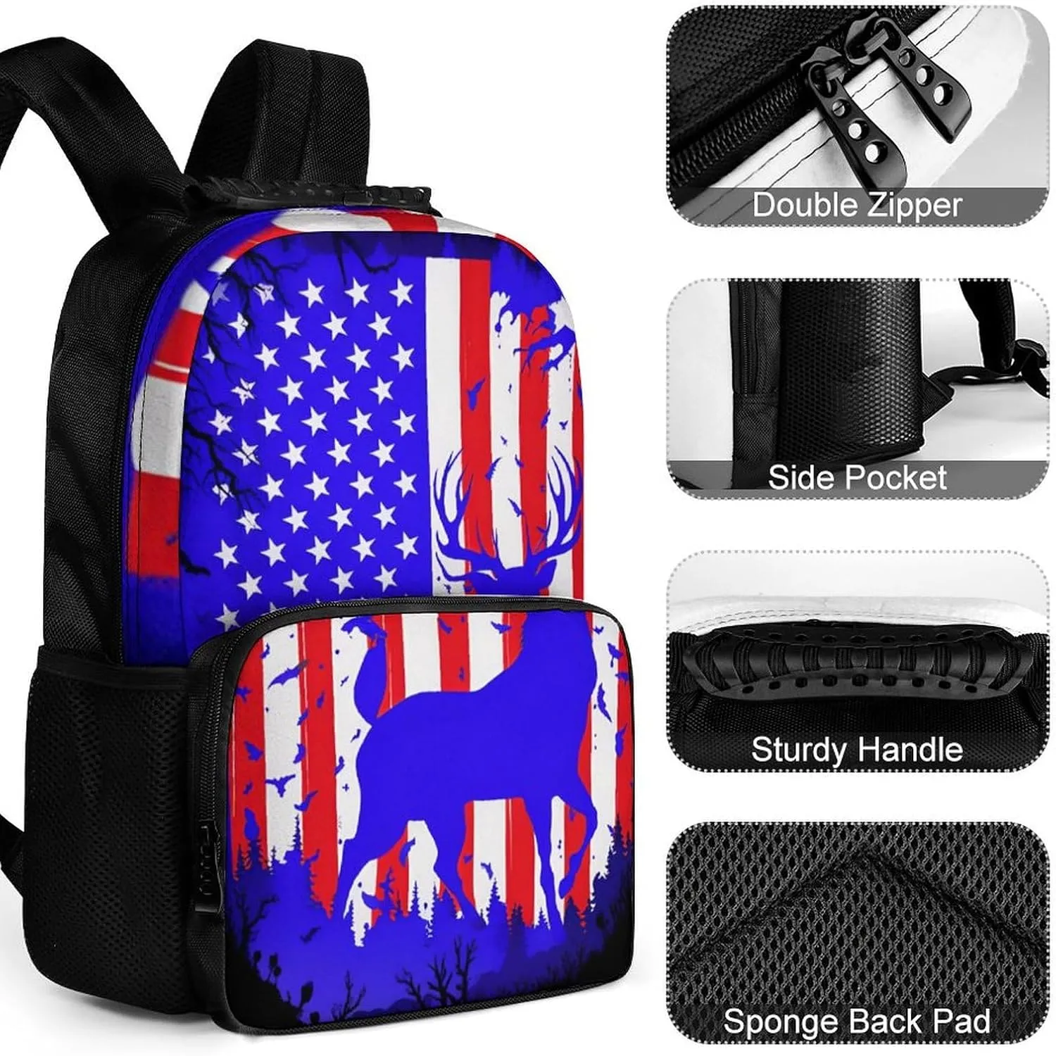 Men & Women Lightweight American Flag Deer Art Casual Daypack Large Capacity Bookbag With Adjustable Shoulder Straps for Gym Business Bicycle
