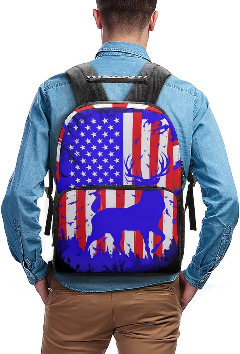 Men & Women Lightweight American Flag Deer Art Casual Daypack Large Capacity Bookbag With Adjustable Shoulder Straps for Gym Business Bicycle