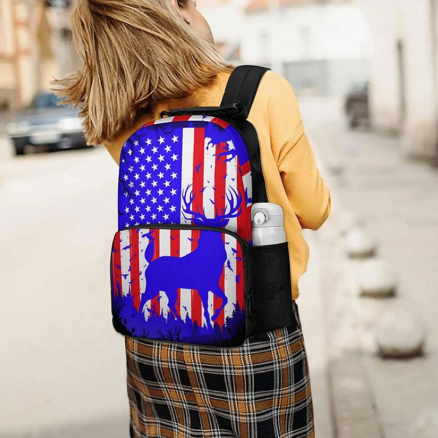 Men & Women Lightweight American Flag Deer Art Casual Daypack Large Capacity Bookbag With Adjustable Shoulder Straps for Gym Business Bicycle
