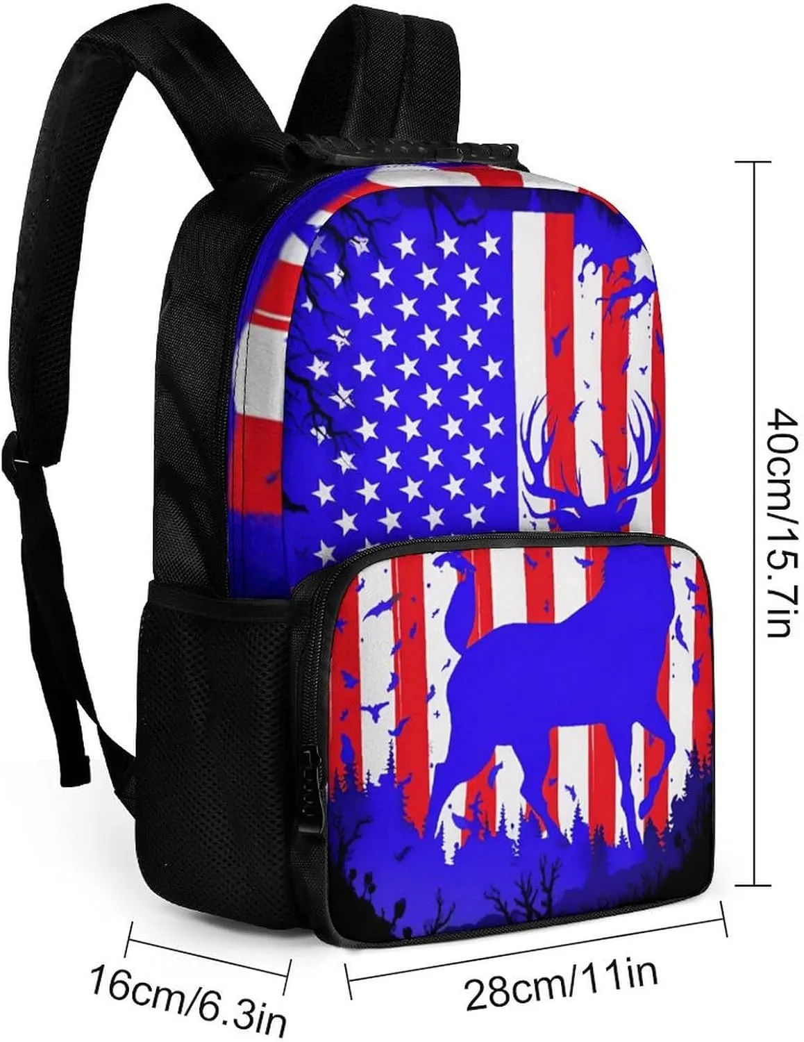 Men & Women Lightweight American Flag Deer Art Casual Daypack Large Capacity Bookbag With Adjustable Shoulder Straps for Gym Business Bicycle