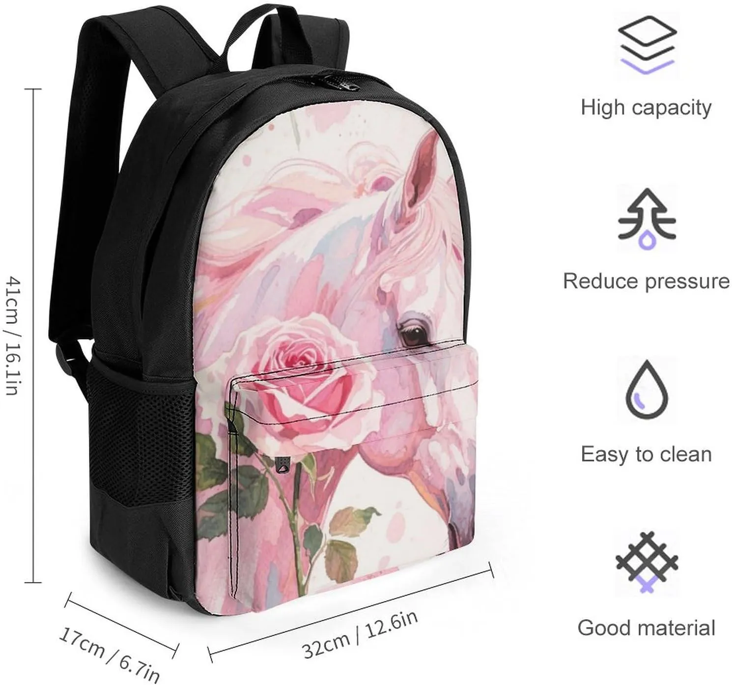 Men & Women Polyester Floral Horse Roses Art Backpack Large Capacity Bookbag With Smooth Zippers for Climbing Picnic Bicycle