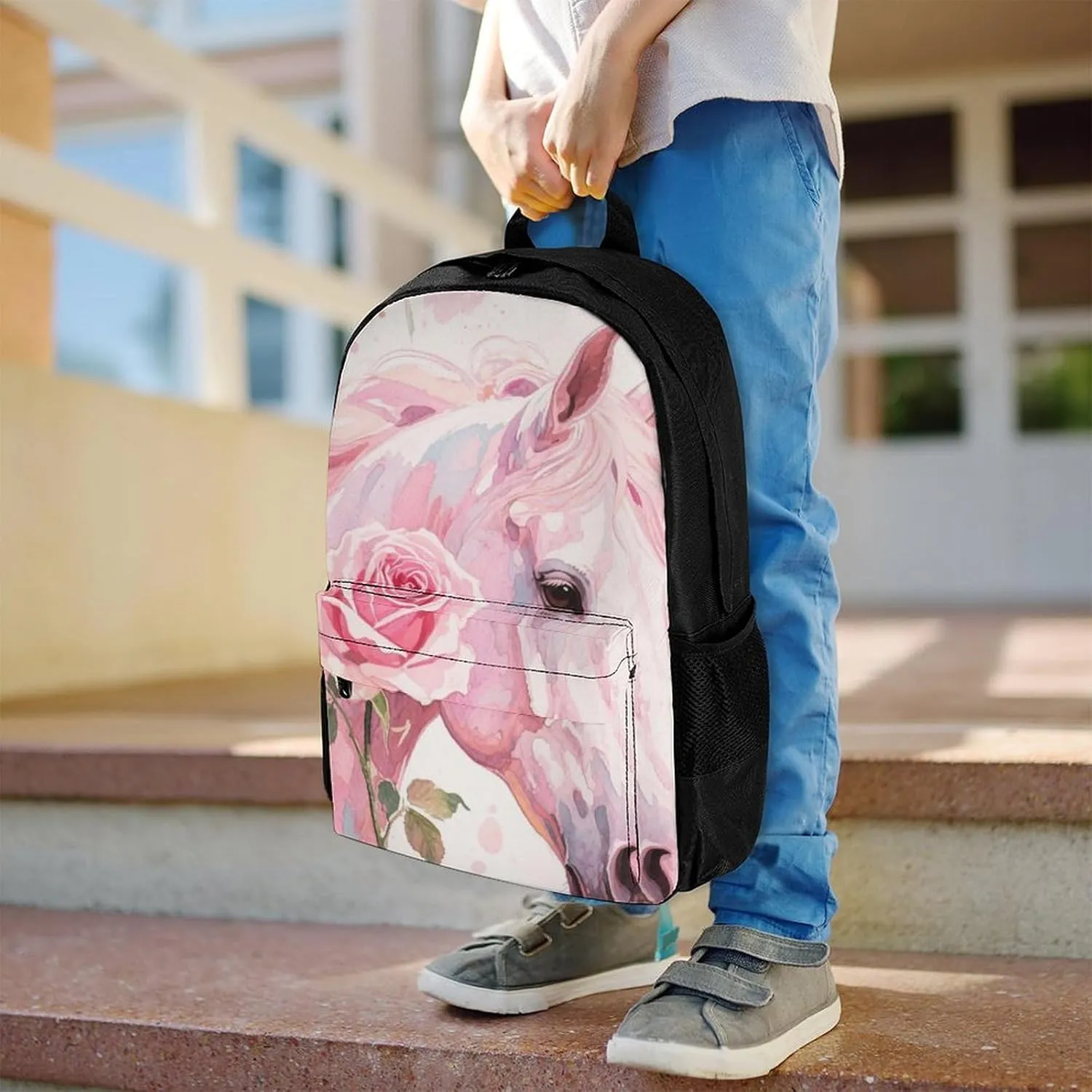 Men & Women Polyester Floral Horse Roses Art Backpack Large Capacity Bookbag With Smooth Zippers for Climbing Picnic Bicycle