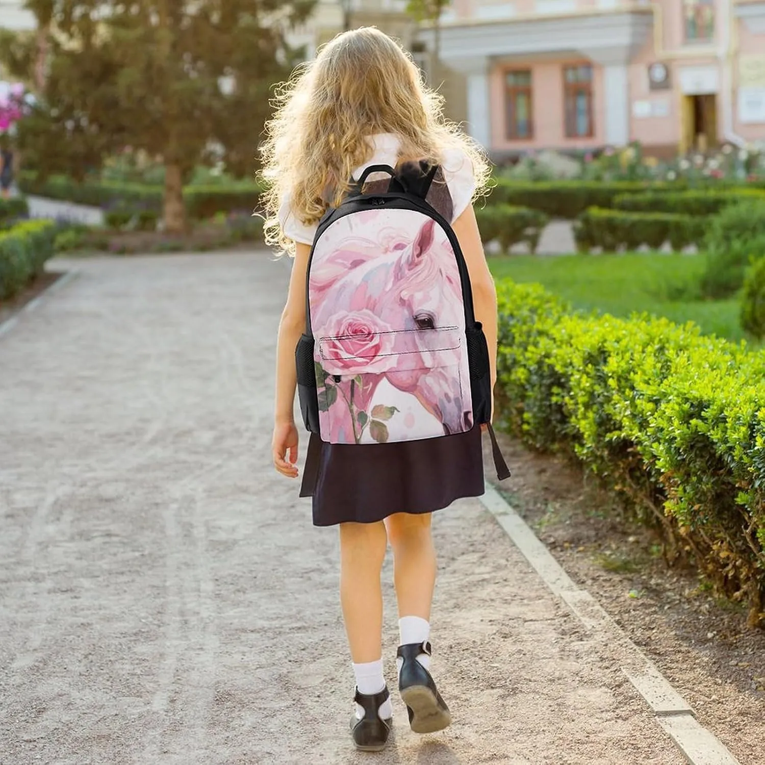 Men & Women Polyester Floral Horse Roses Art Backpack Large Capacity Bookbag With Smooth Zippers for Climbing Picnic Bicycle