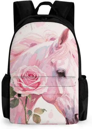Men & Women Polyester Floral Horse Roses Art Backpack Large Capacity Bookbag With Smooth Zippers for Climbing Picnic Bicycle