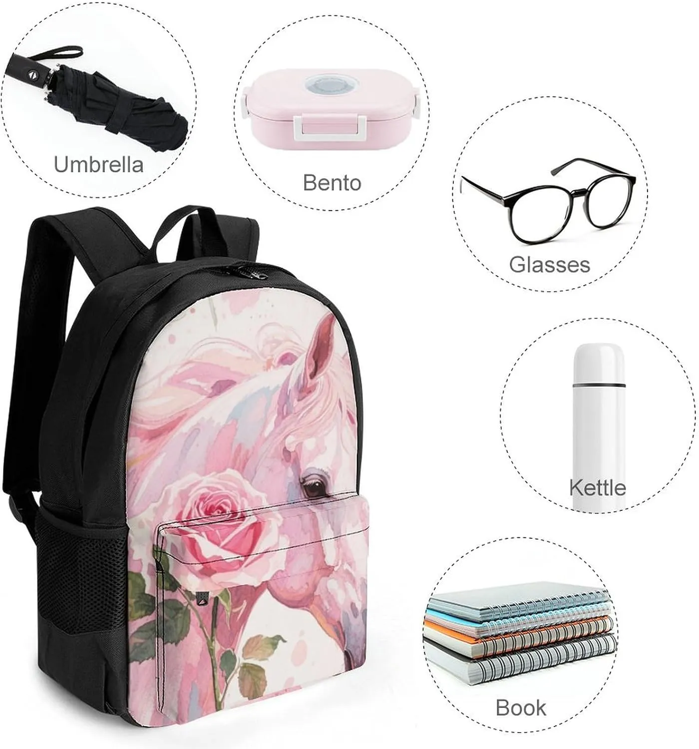 Men & Women Polyester Floral Horse Roses Art Backpack Large Capacity Bookbag With Smooth Zippers for Climbing Picnic Bicycle