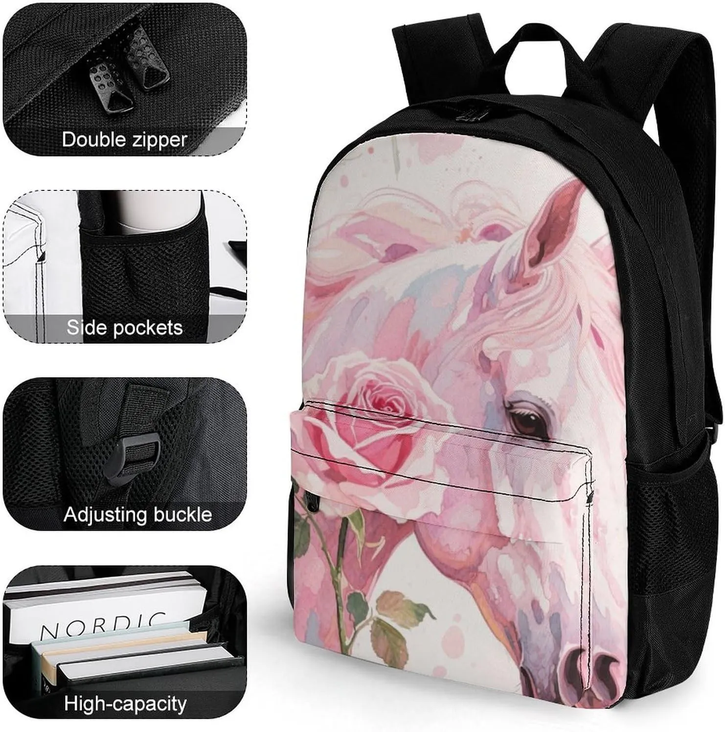 Men & Women Polyester Floral Horse Roses Art Backpack Large Capacity Bookbag With Smooth Zippers for Climbing Picnic Bicycle