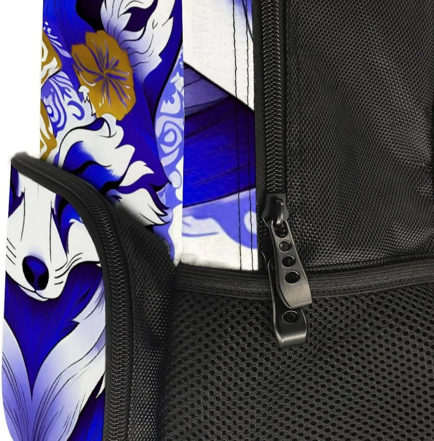 Men Women Lightweight Blue Fox Kitsune Mask Art Backpack Large Capacity Bookbag With Smooth Zippers for Gym Business Running