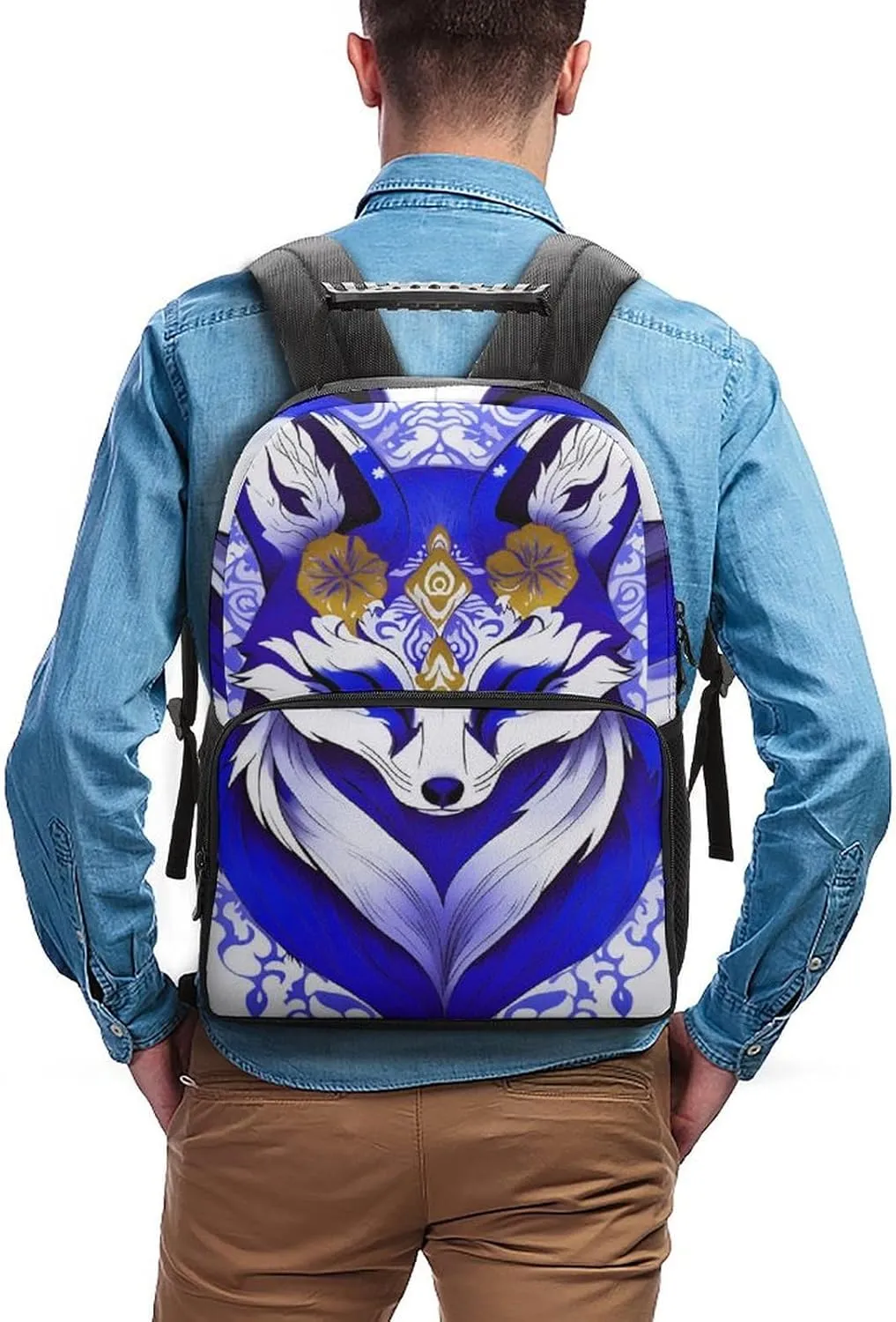 Men Women Lightweight Blue Fox Kitsune Mask Art Backpack Large Capacity Bookbag With Smooth Zippers for Gym Business Running