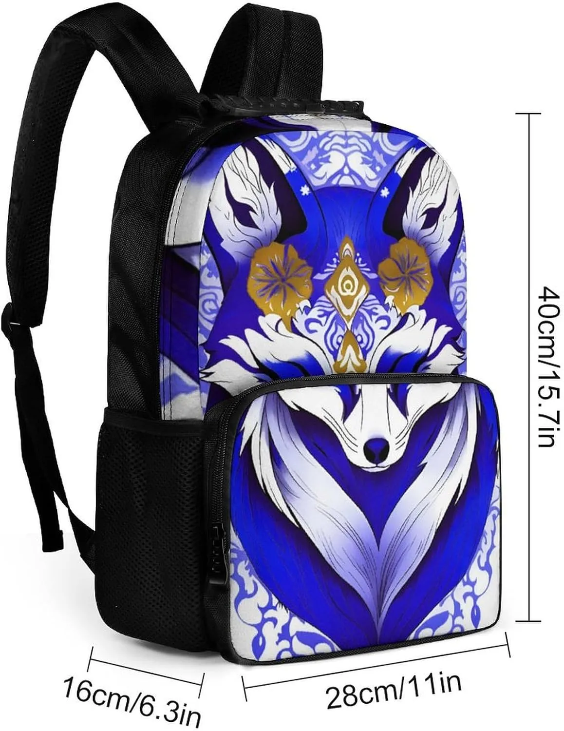 Men Women Lightweight Blue Fox Kitsune Mask Art Backpack Large Capacity Bookbag With Smooth Zippers for Gym Business Running