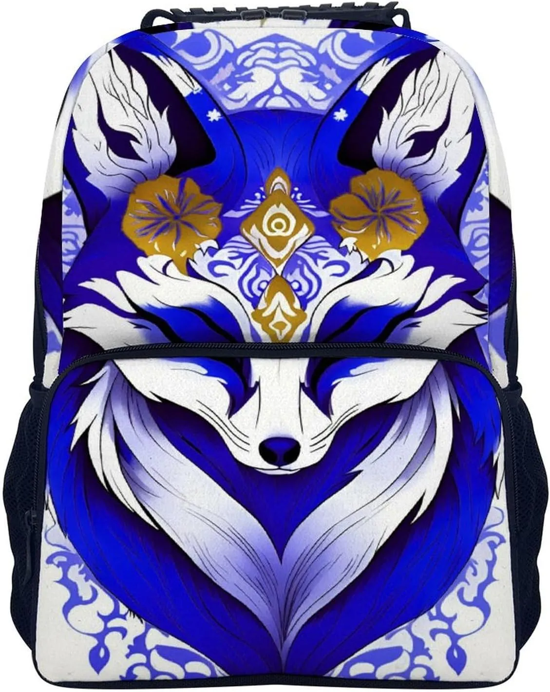 Men Women Lightweight Blue Fox Kitsune Mask Art Backpack Large Capacity Bookbag With Smooth Zippers for Gym Business Running