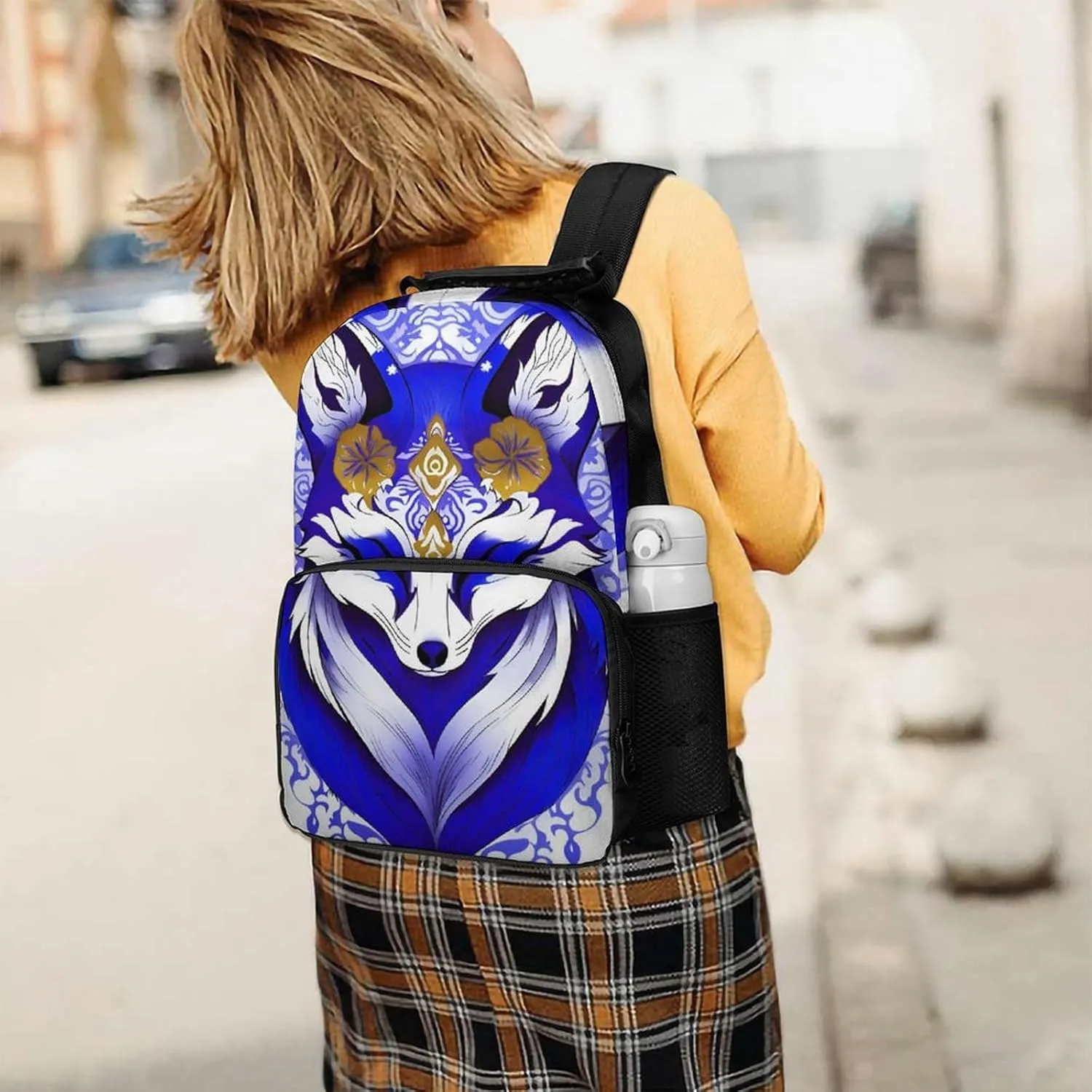 Men Women Lightweight Blue Fox Kitsune Mask Art Backpack Large Capacity Bookbag With Smooth Zippers for Gym Business Running