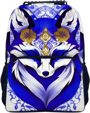 Men Women Lightweight Blue Fox Kitsune Mask Art Backpack Large Capacity Bookbag With Smooth Zippers for Gym Business Running