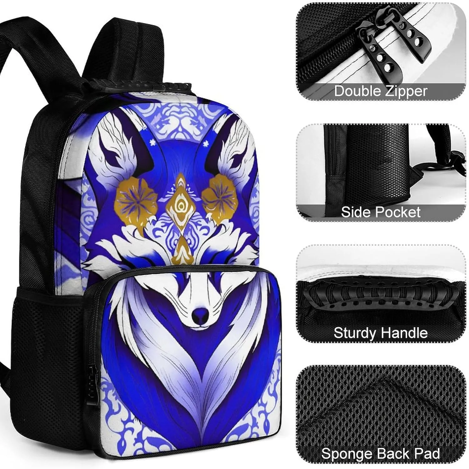 Men Women Lightweight Blue Fox Kitsune Mask Art Backpack Large Capacity Bookbag With Smooth Zippers for Gym Business Running