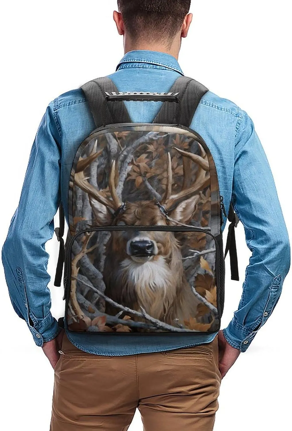 Men Women Lightweight Camo Elk Deer Withered Branches Backpack Large Capacity Bookbag With Smooth Zippers for Gym Business Running