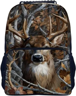 Men Women Lightweight Camo Elk Deer Withered Branches Backpack Large Capacity Bookbag With Smooth Zippers for Gym Business Running