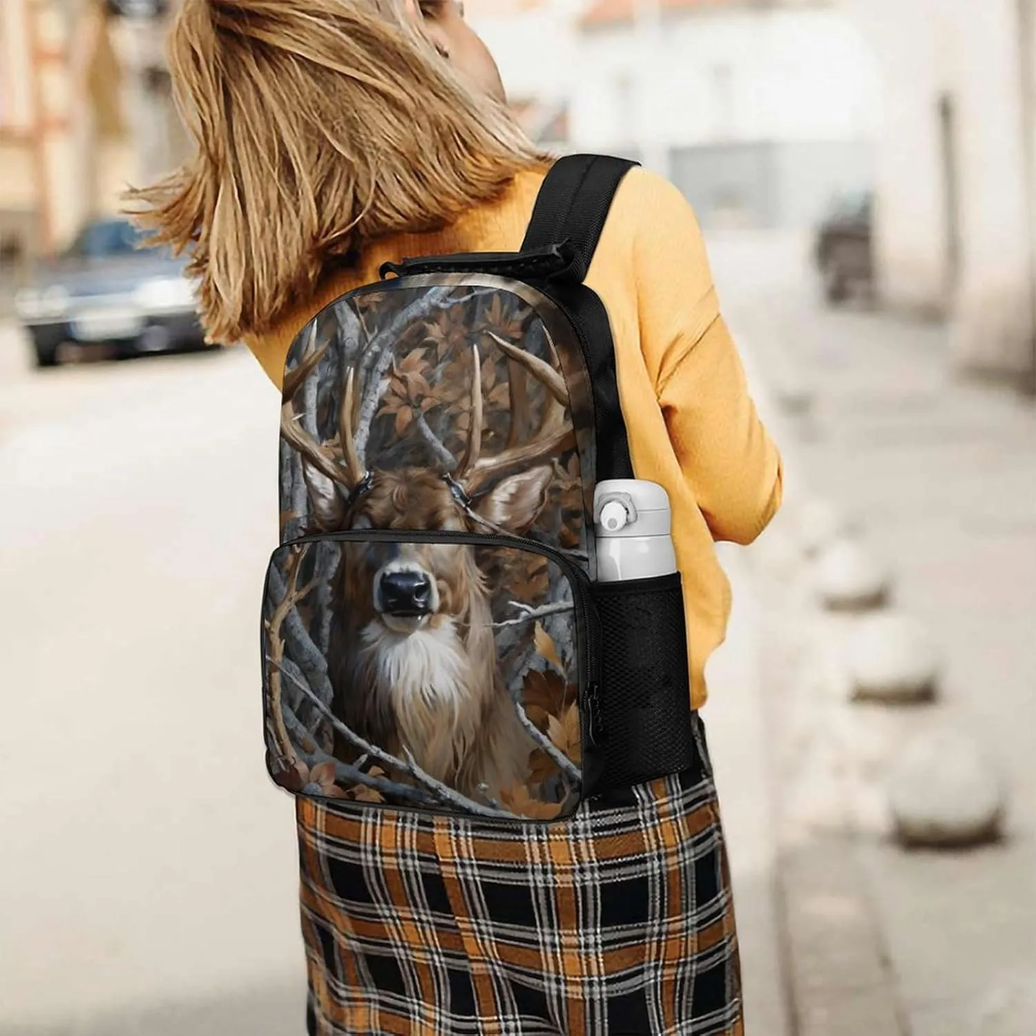 Men Women Lightweight Camo Elk Deer Withered Branches Backpack Large Capacity Bookbag With Smooth Zippers for Gym Business Running