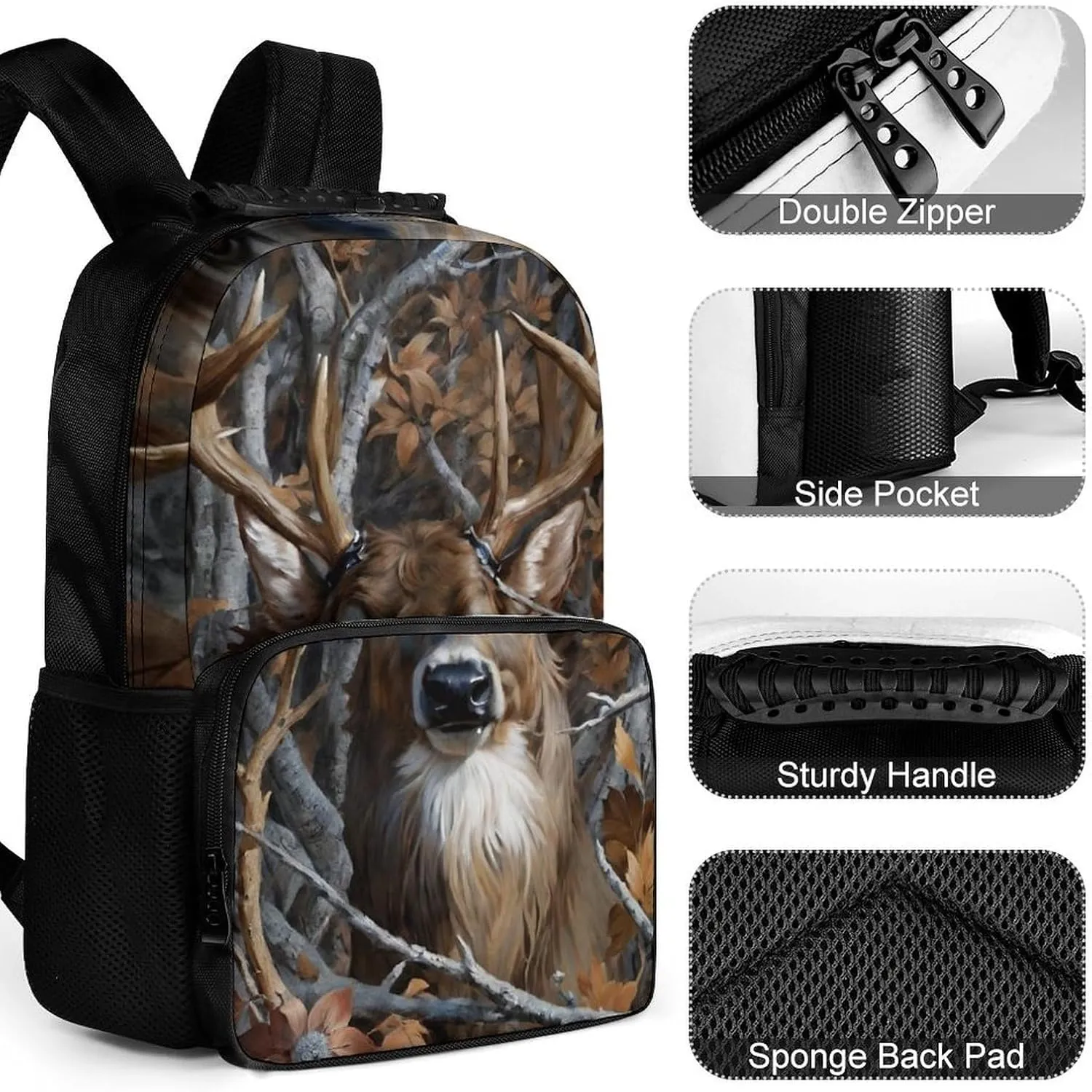 Men Women Lightweight Camo Elk Deer Withered Branches Backpack Large Capacity Bookbag With Smooth Zippers for Gym Business Running