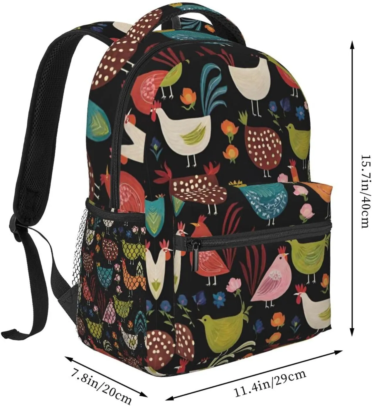 Men Women Lightweight Cluck! Cluck Chicken Art Daypack Bookbag Big Capacity Carry On Bag With Side Pockets for Camping Travel Bicycle