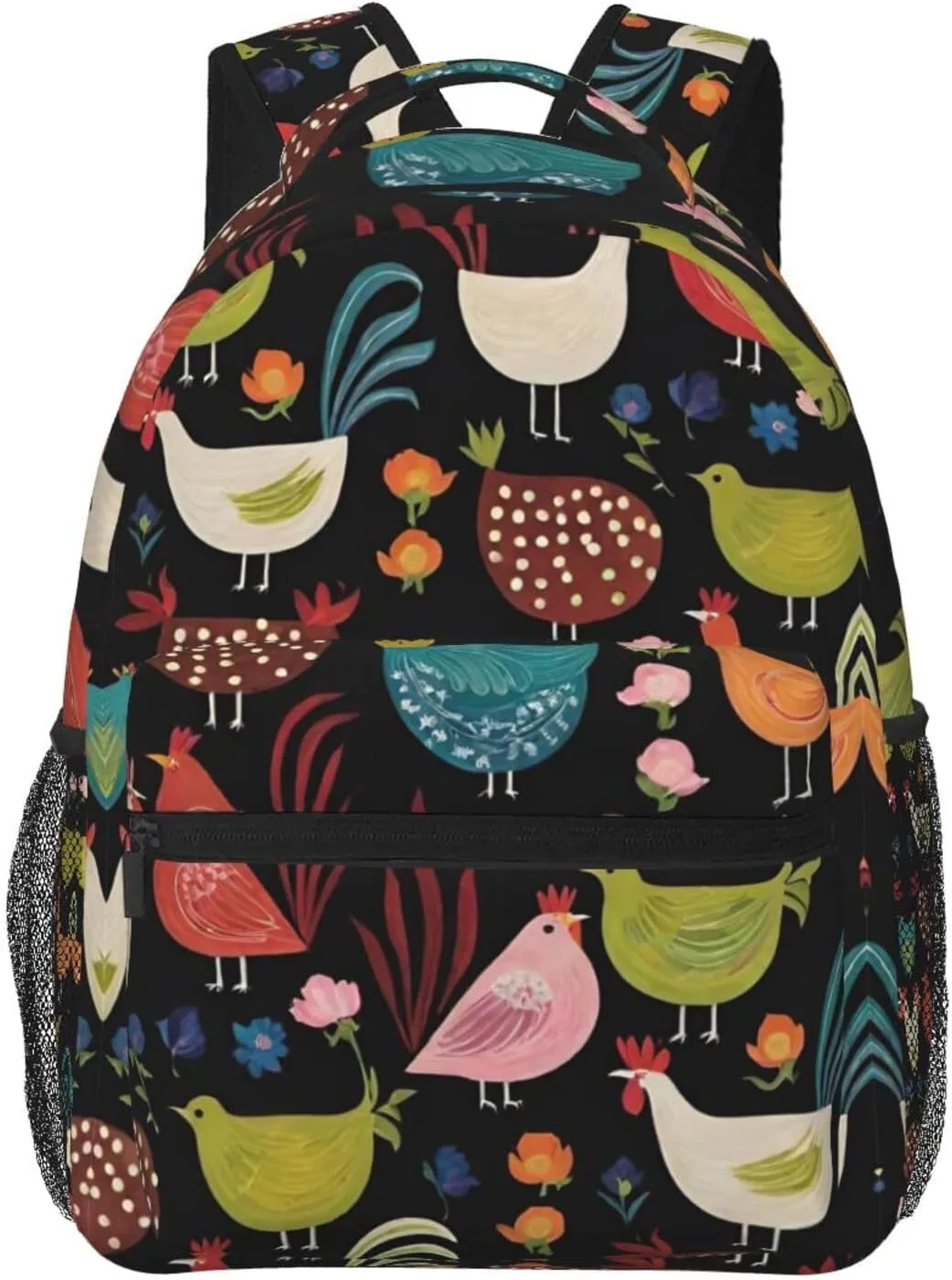Men Women Lightweight Cluck! Cluck Chicken Art Daypack Bookbag Big Capacity Carry On Bag With Side Pockets for Camping Travel Bicycle