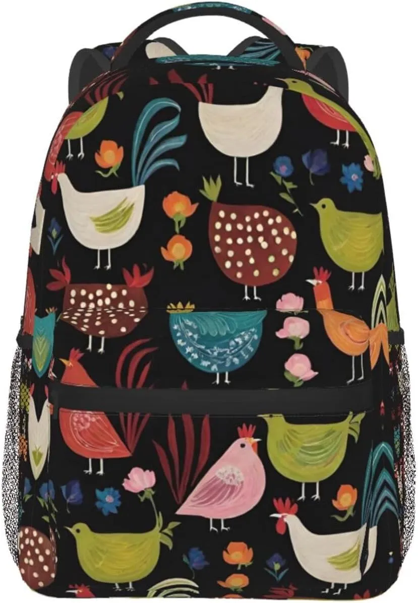 Men Women Lightweight Cluck! Cluck Chicken Art Daypack Bookbag Big Capacity Carry On Bag With Side Pockets for Camping Travel Bicycle